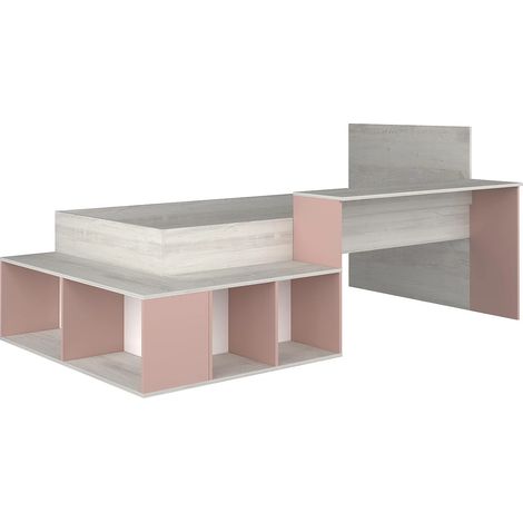 Letto combinato 90 x 200 cm con vani portaoggetti e scrivania Naturale e Rosa - RIGALI (1/5)