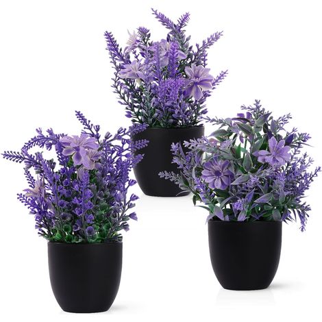 Lot de 3 petites plantes artificielles avec pot, plantes de lavande en plastique pour salon, chambre à coucher, bureau, balcon et salle de bain (1/5)