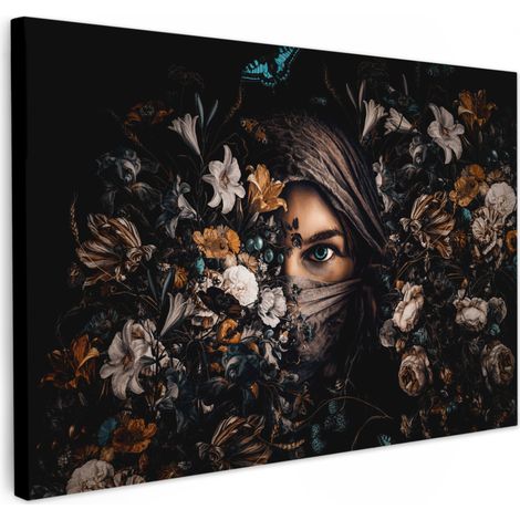 TABLEAU SUR TOILE Femme - Luxe - Fleurs - Papillon - Portrait Décoration Chambre 30x20 cm