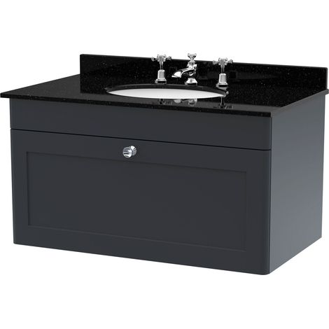 Swynnerton Traditional 1 Drawer Wall Hung Vanity Unit with Marble Basin, Dark Grey, 800mm