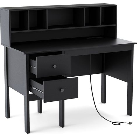 COSTWAY Computer Desk with Power Outlets and Hutch Black (1/5)