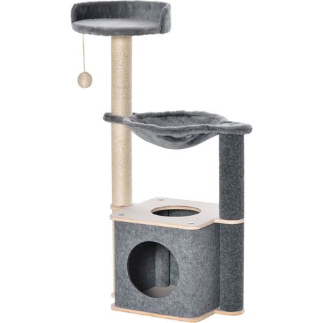 ALBERO TIRAGRAFFI MULTILIVELLO PALESTRA PER GATTI CON CASETTA. AMACA. CUCCIA E CORDE IN SISAL. 48X34X95CM. GRIGIO (1/5)