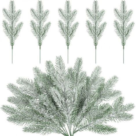 Lot de 40 branches de sapin artificielles enneigées, en plastique vert, pour décorations de Noël (1/5)