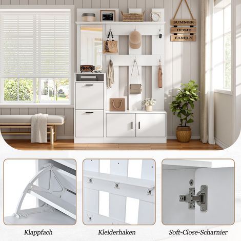 Porte-manteau mural avec miroir et rangement à chaussures, armoire suspendue multifonctionnelle pour entrée, blanc, 120x30x180 cm, étagère à chaussures incluse. (1/5)