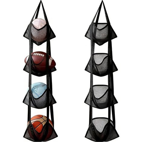 Rangement Ballon Mural 4 Niveaux - Filet Nylon Noir - Support Sport Garage Cave (1/5)