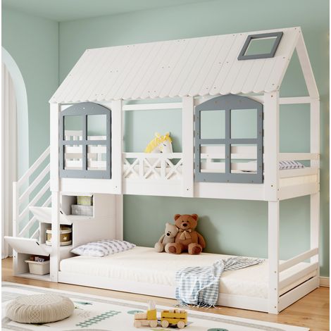Cama litera infantil con techo y ventanas, escalera con almacenaje, madera maciza+MDF, blanco/gris, 90x200 cm (1/5)