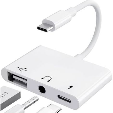 USB-C-auf-3,5-mm-Klinkenadapter mit Schnellladefunktion, OTG-Adapter, Typ-C-auf-Aux-Audio-Kopfhörer-Splitter (Weiß) (1/5)