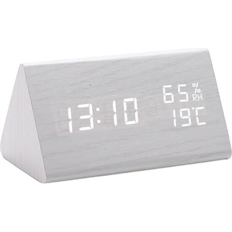 Réveil triangle en bois Réveil numérique en bois avec affichage de la température et de l'humidité - Horloge électronique triangulaire LED blanc (1/5)