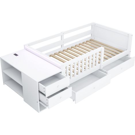 Cama alta infantil 90 x 200 cm con escritorio, almacenaje, LED, enchufe y barreras, blanco (1/5)