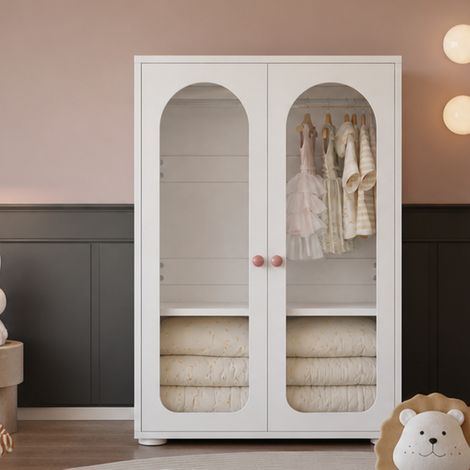 Armario 2 puertas - 80x50x120 cm - Ropero para dormitorio infantil con barra para colgar y estantes ajustables - MDF lacado y acrílico - Blanco (1/5)
