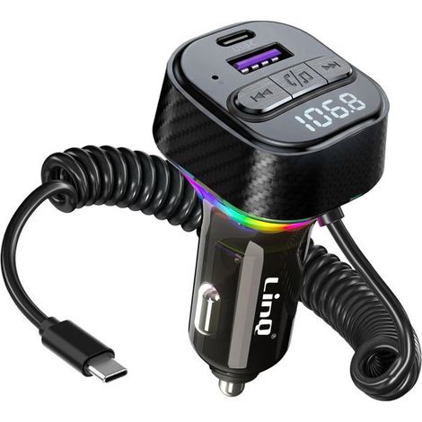 Écouteur allume-cigare Bluetooth FM avec câble USB-C spiralé PD 30 W LinQ Noir (1/5)