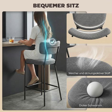 Tabourets de bar lot de 2, sièges hauts rembourrés à dossier courbé, pour îlot de cuisine, coin petit-déjeuner, gris (1/5)