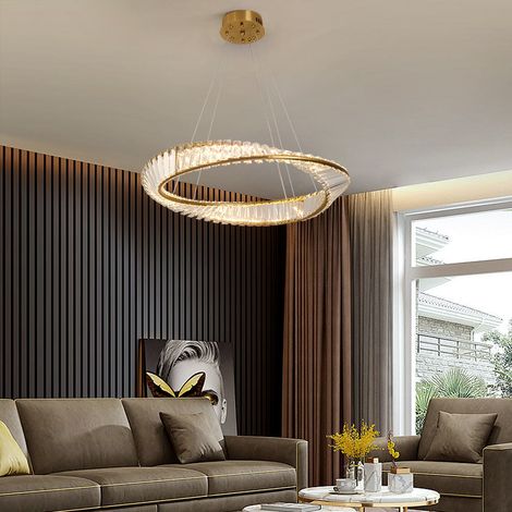 Lustre suspendu anneau doré cristal LED, 33W, 3 couleurs, Ø60cm, hauteur réglable (1/5)