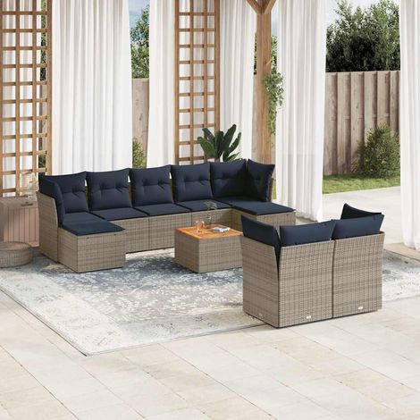 Salon de jardin modulable 10 pièces en rotin PE gris avec coussins bleu marine et rangement - PANGIVO (1/5)