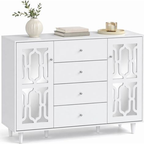Buffet miroir blanc luxueux avec poignées cristal, 2 portes, 4 tiroirs, MDF, pieds bois, pour salon et salle à manger 147,5 x 40 x 102 cm - CHICFURN (1/5)