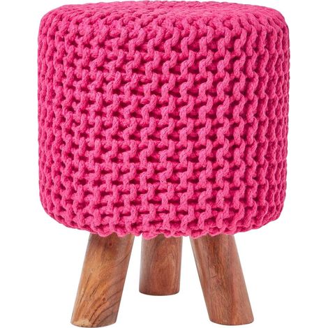 HOMESCAPES Hot Pink Tall Cotton Knitted Footstool on Legs