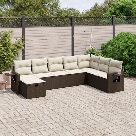 Ensemble Salon Jardin 8 Places Marron Résine Tressée avec Coussins Crème, Module, 69cm H (1/4)