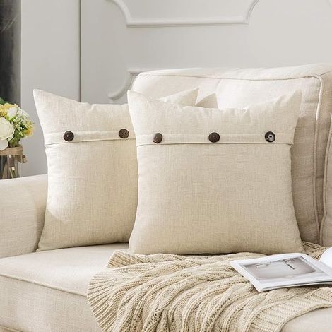 Lot de 2 Housses de Coussin en Lin avec Boutons Décoratifs, 45x45cm, Blanc Crème, Style Élégant pour Canapé et Salon