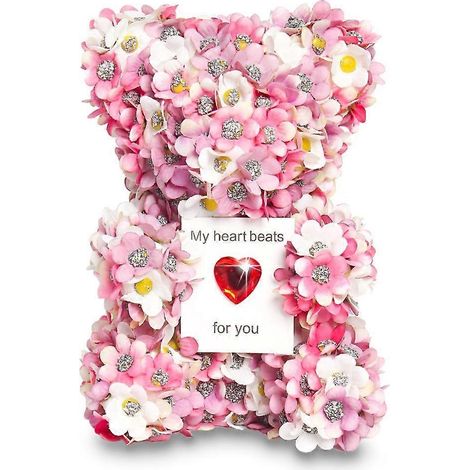 Magnifique ours décoratif en fleurs artificielles lumineuses, parfait pour anniversaires et propositions romantiques. (1/4)
