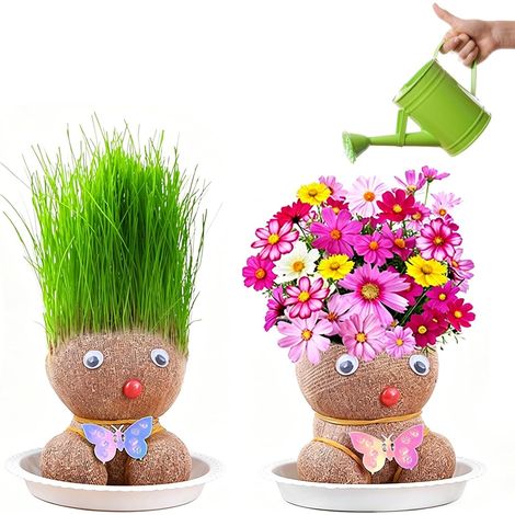 2 Pièces Têtes d'herbe pour Poupée, Mini Bonsaï avec Plateau (1/5)