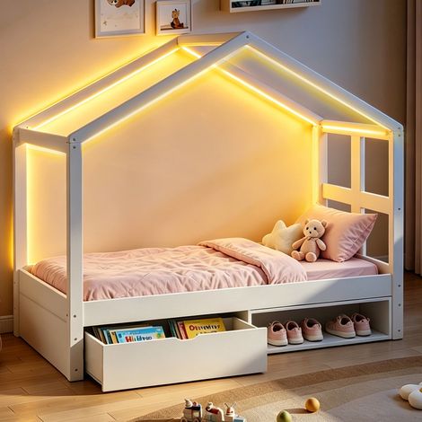 Cama infantil 90x190 cm con LED y almacenaje, blanca, de madera, sin colchón FloraGrace (1/5)
