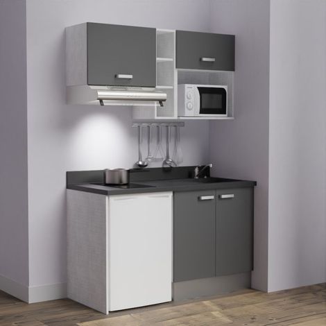 Kitchenette K13L - 140 cm - emplacements frigo, hotte et micro-ondes-Gris-Nero-évier à droite