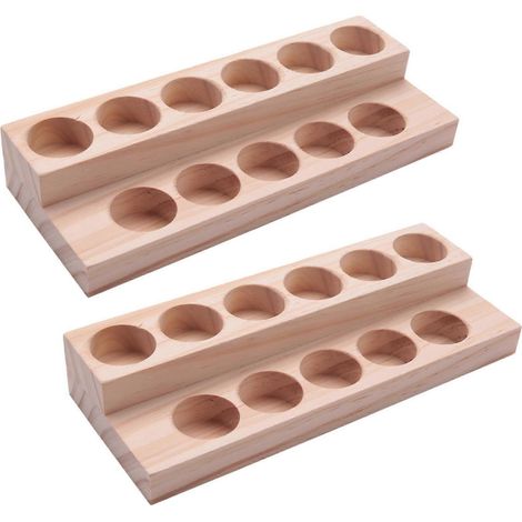 Plateau de présentation en bois naturel fait main, 2 x 11 trous, pour huiles essentielles, flacons de 5 à 15 ml. (1/5)