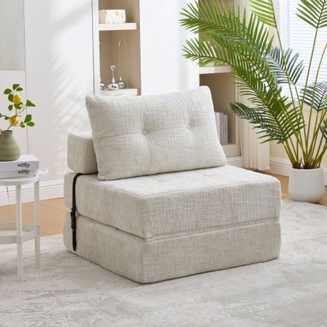 Sofá cama de felpa (chenilla) con respaldo y cojines de cabeza y lumbares, espuma de alta densidad, beige (1/5)