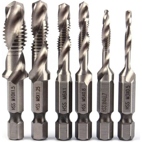 6 pièces M3-M10 Vis Taraud Forets Hss Tarauds Fraise bavurage Ensemble Mtrique Combinaison Peu Haute Vitesse Acier Changement Rapide HexagoneArgent (1/4)