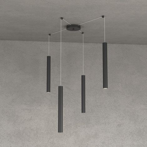 Lampadario top light round tube 1174 s4 gu10 led cilindro metallo moderno, finitura metallo nero