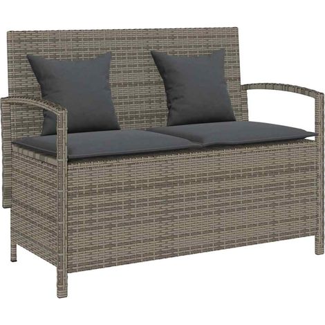 Gartenbank mit Stauraum und Kissen Grau Poly Rattan