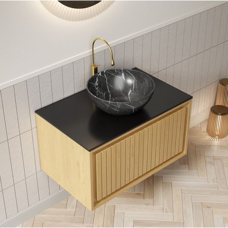 Mobile bagno sospeso 76 cm con lavabo in ceramica nera e piano in pietra sinterizzata (1/5)