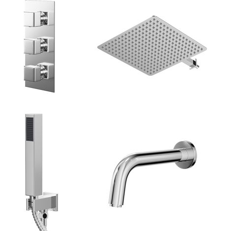 Cubix Polished Chrome Concealed Triple Thermostatic Shower Valve with Diverter and 400mm Square Head with 345mm Wall Arm and Outlet Holder with Kit and Bath Spout - 3 Outlet (1/5)