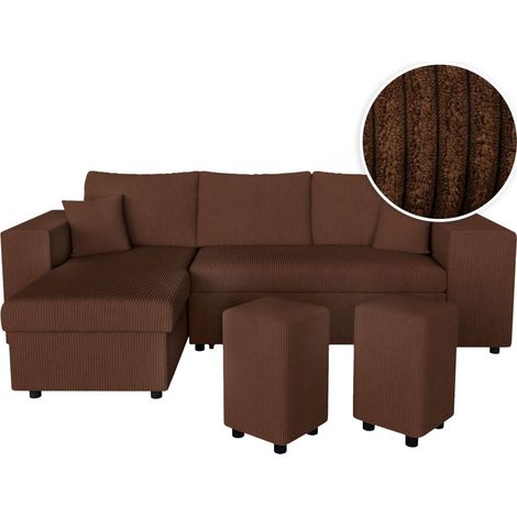 Canapé d'angle réversible MADY avec coffre, rangement poufs à droite en velours côtelé marron (1/5)