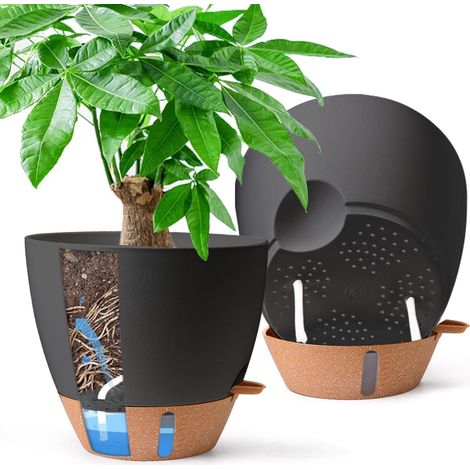 2er Set Selbstbewässernder Blumentopf 25cm mit Wasserspeicher Schwarz (1/5)