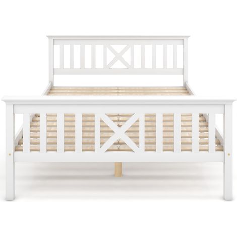 Letto matrimoniale in legno di pino 140 x 200 cm bianco con rete a doghe e testiera a X (1/5)