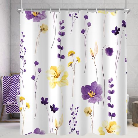 Rideau de douche - 180 x 160 cm - Motif violet et jaune - Ourlet lesté - Anti-moisissure - Imperméable - Lavable - En polyester - Avec 12 œillets et anneaux de rideau de douche - Pour salle de (1/5)