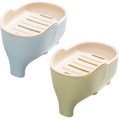 Juego de 2 jaboneras autolimpiables con bandeja recogegotas y soporte para esponja para fregadero de cocina, bonito diseño de elefante, de plástico, azul y verde. (1/5)