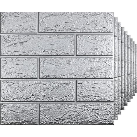 Lot de 10 Panneaux Muraux 3D Autocollants – 35x38 cm Papier Peint Brique Auto-Adhésif Étanche pour Mur Intérieur, Maison, Gris Argenté (1/5)