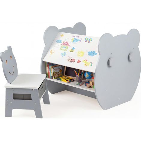 COSTWAY Set Tavolo e Sedia per Bambini 3+ con Lavagna Bifacciale Grigio (1/5)