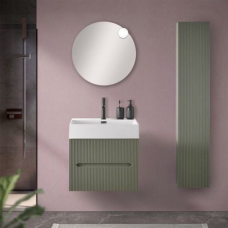 Mobiletto bagno sospeso cannettato 60 cm verde con lavabo Bali (1/5)