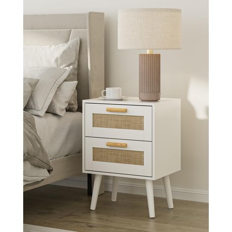 Table de Chevet en rotin - Table de Chevet bohème avec 2 tiroirs pour Chambre à Coucher, Salon - 39 x 30 x 65 cm, Blanc (1/5)