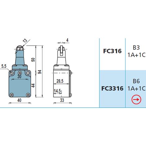 FC3316 Interruttore di Posizione a pistoncino INOX con rotella Finecorsa