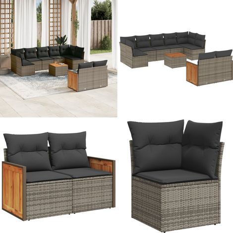 10-tlg. Garten-Sofagarnitur mit Kissen Grau Poly Rattan - Gartenmöbel - Outdoor Möbel - Lounge Set - Rattan Gartenmöbel - Esstisch - Home & Living (1/5)