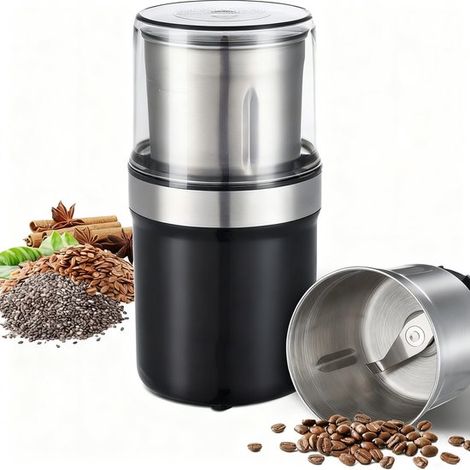 Moulin à café électrique, moulin à épices 300 W avec récipient amovible en acier inoxydable lavable, pour poivre, graines de lin, etc. (1/5)