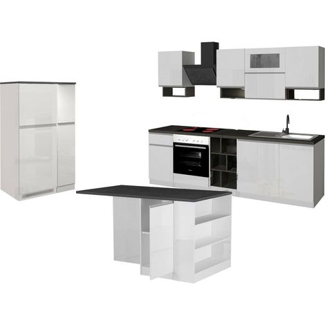Dmora – Cuisine complète modulable 100% Made in Italy – Finition blanc brillant et ardoise – Dimensions 255 x 58 x 85,5 cm – Garde-manger et îlot inclus (1/5)