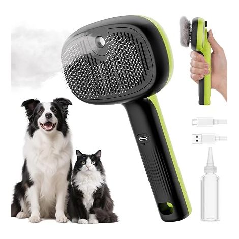 Brosse Chat/Chien Autonettoyante, Vapeur Vaporisateur Poils Long et Court, Mode de Pulvérisation, Antistatique, Ne Chauffe Pas, Vert (1/5)