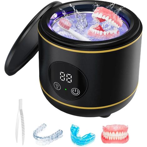Pulitore a ultrasuoni con lampada UV, camera dentale portatile, adatto per protesi dentarie, apparecchi ortodontici e gioielli (solo apparecchio + pinzette). (1/3)