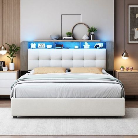 Cama 160x200 - Moderna - Almacenamiento Hidráulico - LED Integrada - Terciopelo Blanco