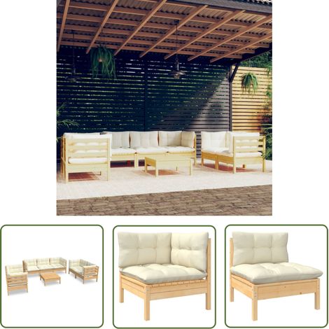 The Living Store 8-tlg. Garten-Lounge-Set mit Creme Kissen Massivholz Kiefer - Gartengeräte - Lounge Möbel - Gartenmöbel Set - Kiefernholzmöbel - Outdoor Furniture (1/5)